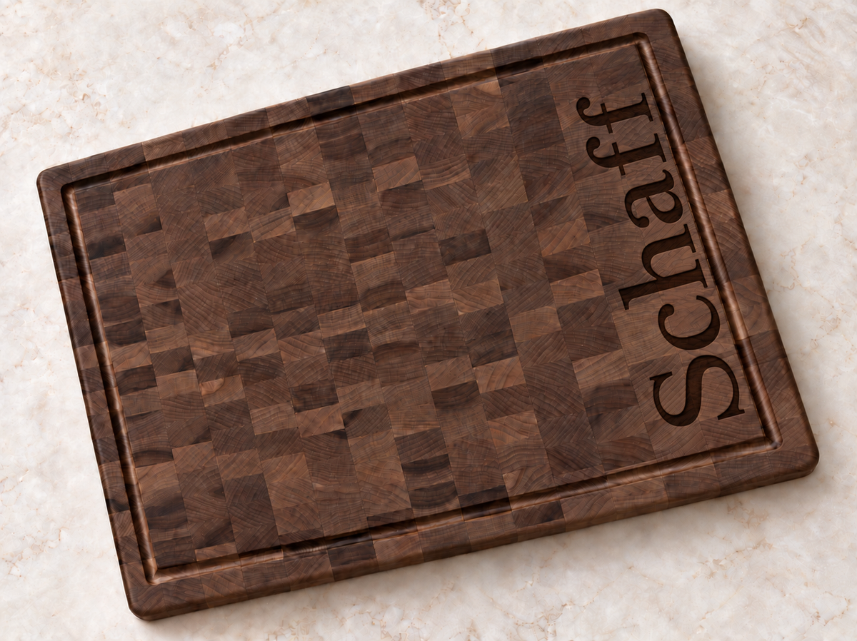 End Grain Cutting Board in Walnut, vertical name engraving