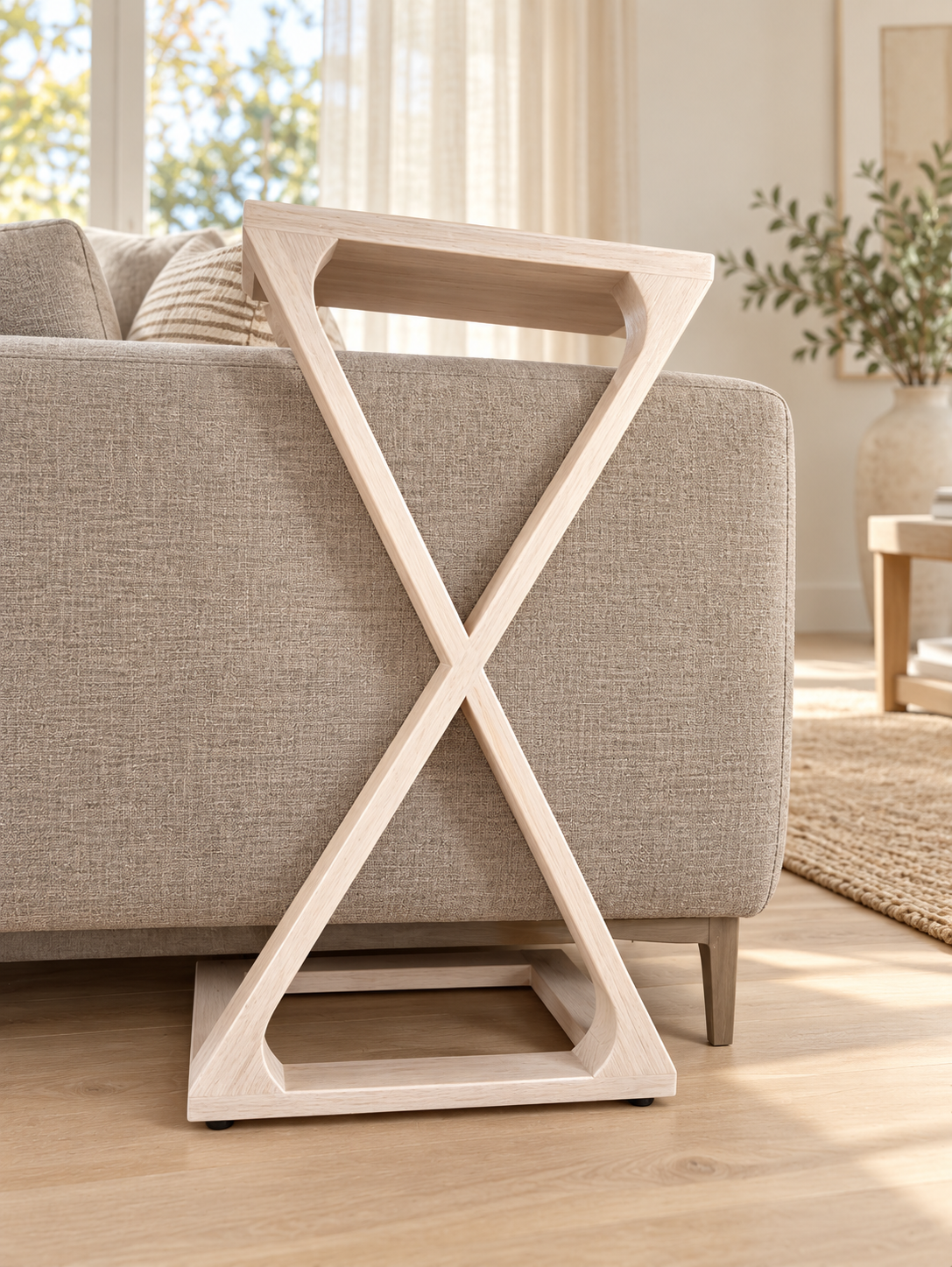 Timber 'Torch' Side Table in Oak (Rustic Whitewash), side view