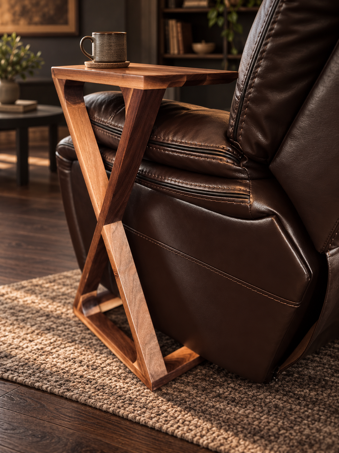 Timber 'Torch' Side Table in Walnut, beside a leather sofa