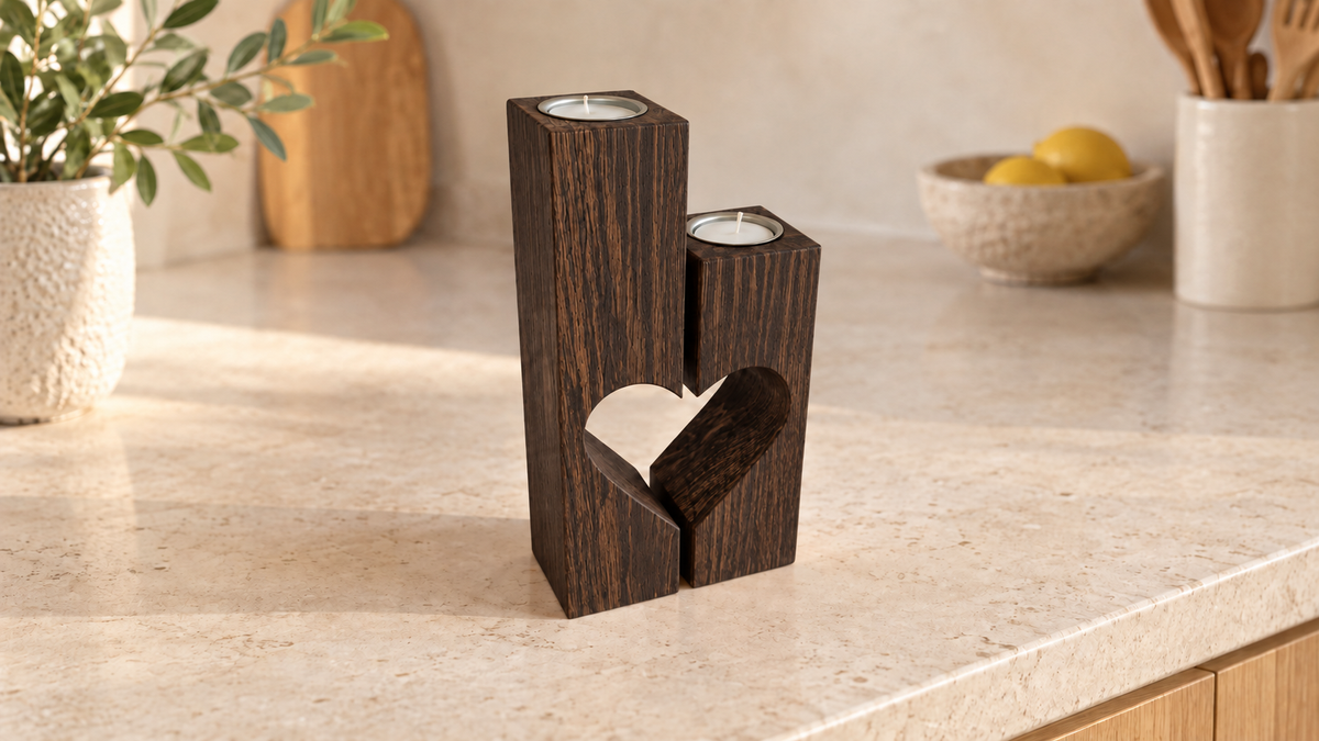 Split Heart Candle Holders in Oak (Ebony)