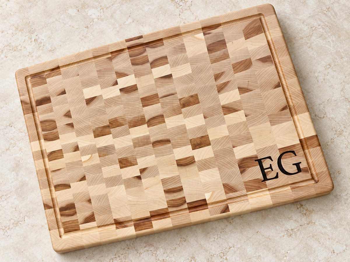 End Grain Cutting Board in Maple, initials engraving