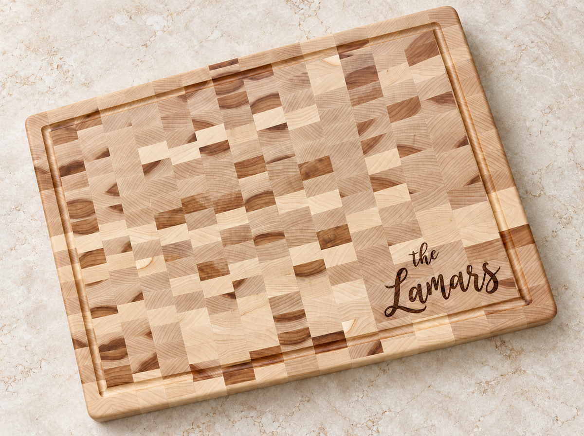End Grain Cutting Board in Maple, last name engraving