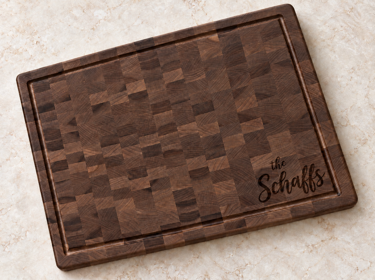 End Grain Cutting Board in Walnut, last name engraving