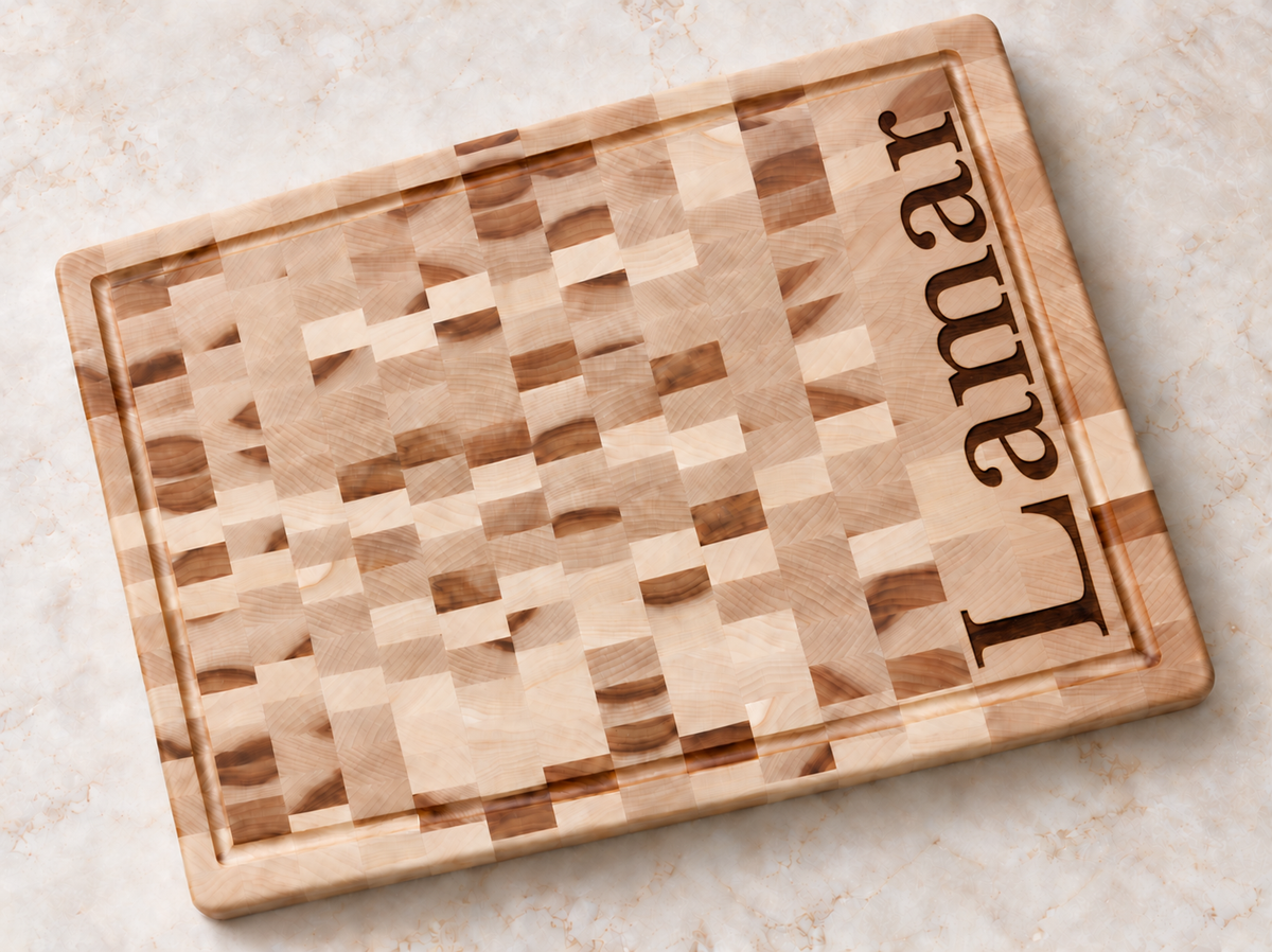 End Grain Cutting Board in Maple, vertical name engraving