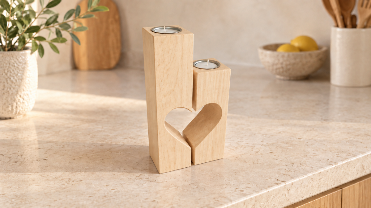 Split Heart Candle Holders in Maple