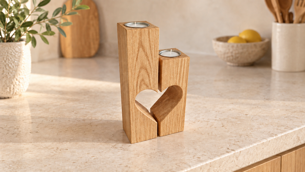Split Heart Candle Holders in Oak (Natural — no stain)