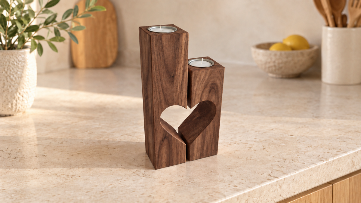 Split Heart Candle Holders in Walnut