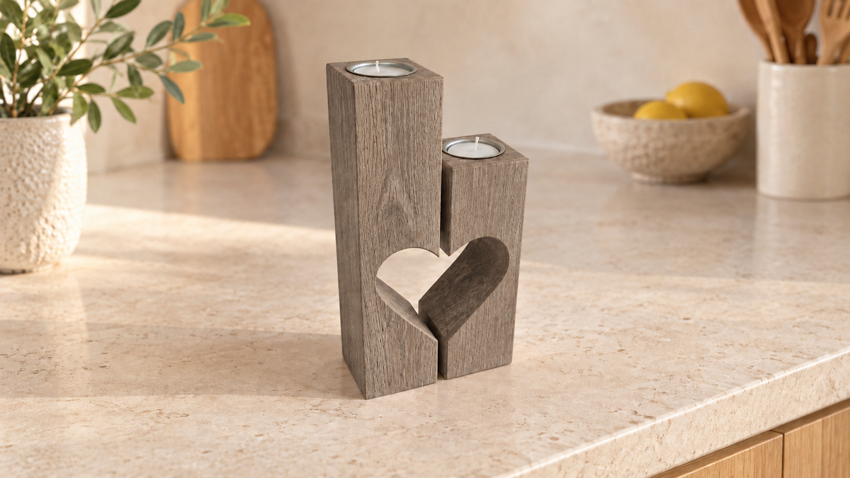 Split Heart Candle Holders in Oak (Weathered Grey)