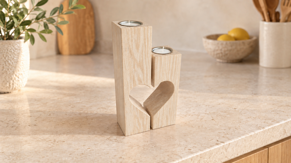 Split Heart Candle Holders in Oak (Rustic Whitewash)